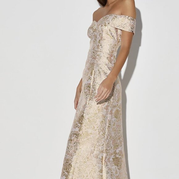 NWT Lulus Illustrious Champagne Jacquard Off-the-Shoulder Maxi Dress - Picture 3 of 10